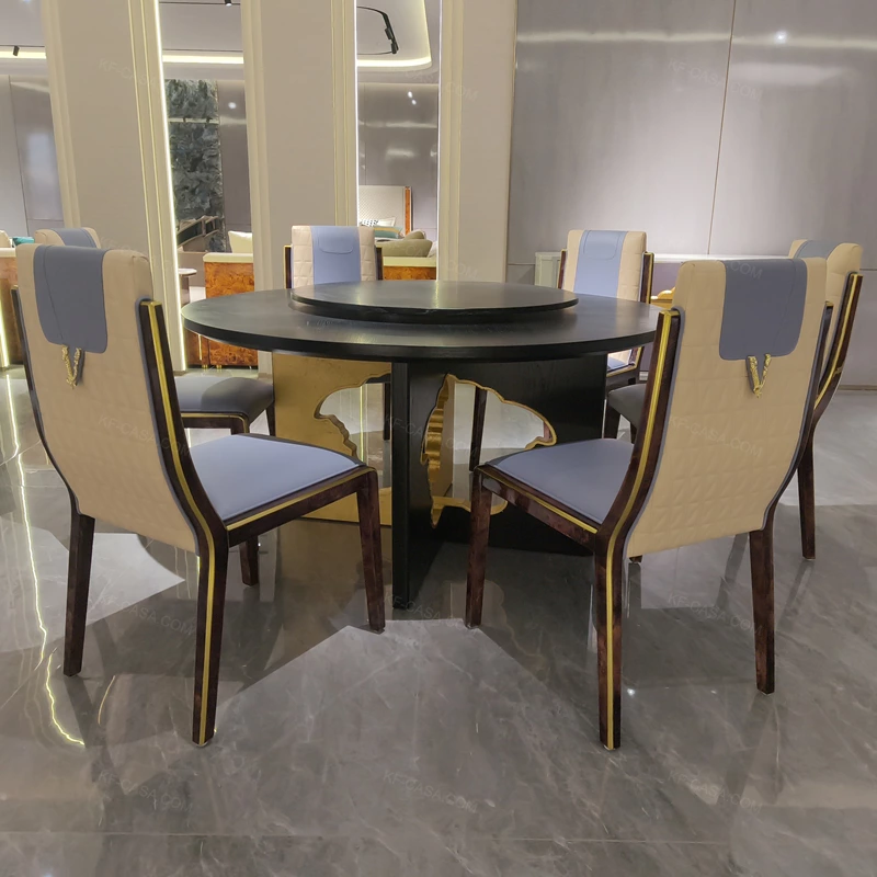 Black Natural Wood Veneer Round Dining Table with Gold Stainless Steel Art Base